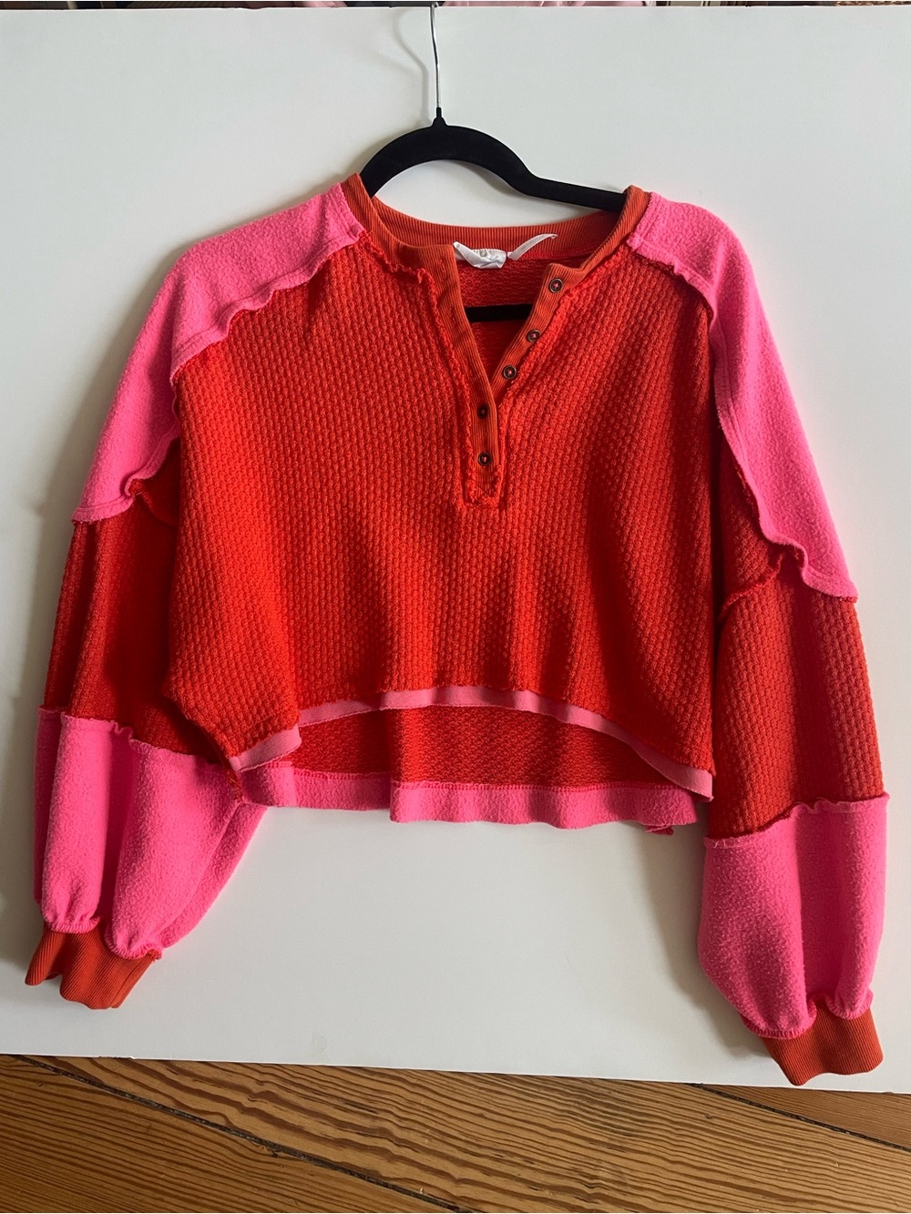 Urban Outfitters Red & Pink Cropped Waffle Henley Sweatshirt